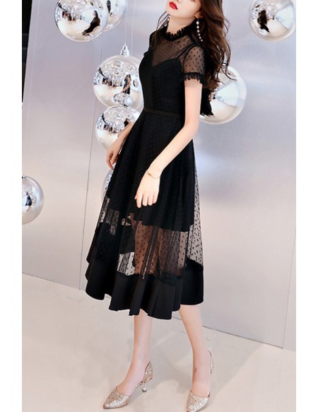 Special Polka Dot Tulle Black Homecoming Party Dress With Sheer Neckline