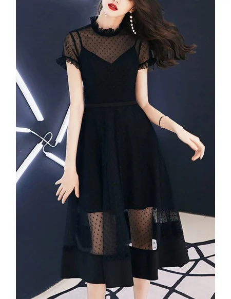 Special Polka Dot Tulle Black Homecoming Party Dress With Sheer Neckline
