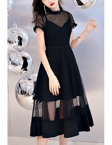 Special Polka Dot Tulle Black Homecoming Party Dress With Sheer Neckline
