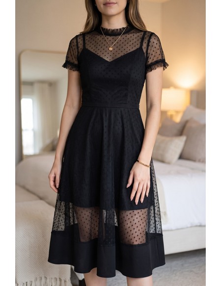 Special Polka Dot Tulle Black Homecoming Party Dress With Sheer Neckline
