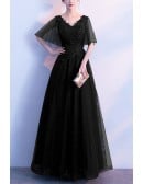 Navy Blue Vneck Aline Long Prom Formal Dress With Tulle Sleeves