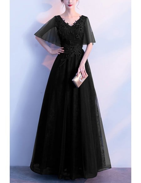 Navy Blue Vneck Aline Long Prom Formal Dress With Tulle Sleeves