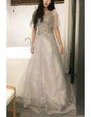 Navy Blue Vneck Aline Long Prom Formal Dress With Tulle Sleeves