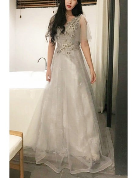Navy Blue Vneck Aline Long Prom Formal Dress With Tulle Sleeves