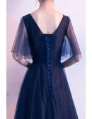 Navy Blue Vneck Aline Long Prom Formal Dress With Tulle Sleeves