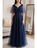 Navy Blue Vneck Aline Long Prom Formal Dress With Tulle Sleeves
