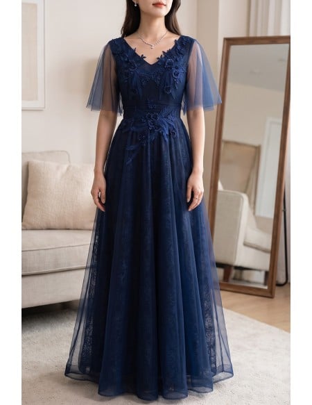 Navy Blue Vneck Aline Long Prom Formal Dress With Tulle Sleeves