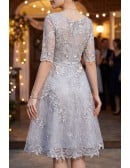 Modest Grey Appliques Homecoming Party Dress With Sleeves