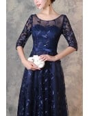 Leaf Pattern Navy Blue Elegant Formal Party Dress With Illusion Neckline