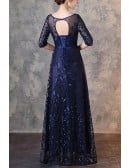 Leaf Pattern Navy Blue Elegant Formal Party Dress With Illusion Neckline