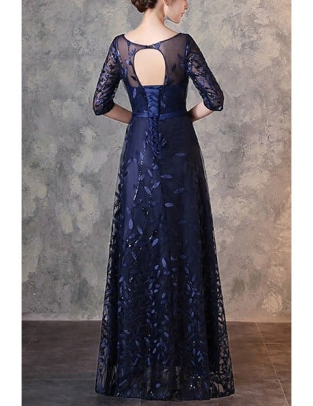 Leaf Pattern Navy Blue Elegant Formal Party Dress With Illusion Neckline