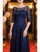 Leaf Pattern Navy Blue Elegant Formal Party Dress With Illusion Neckline