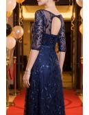 Leaf Pattern Navy Blue Elegant Formal Party Dress With Illusion Neckline