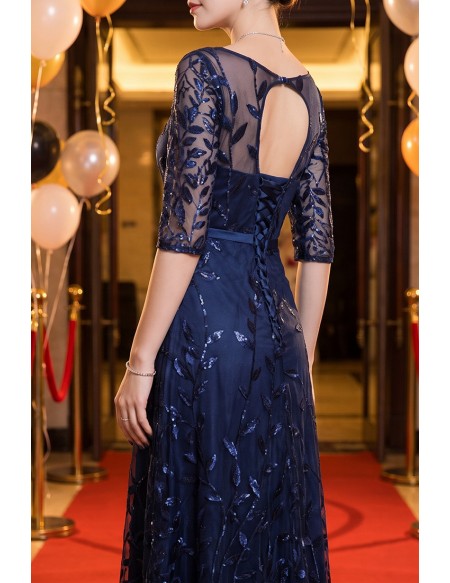 Leaf Pattern Navy Blue Elegant Formal Party Dress With Illusion Neckline