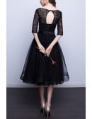 Little Black Tulle Knee Length Homecoming Graduation Dress With Lace Sleeves