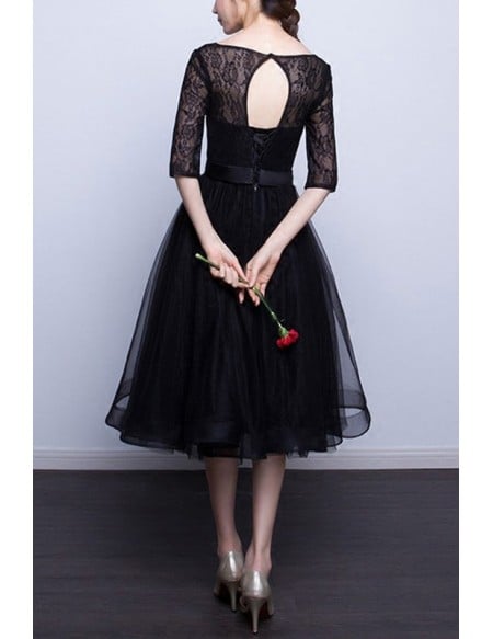 Little Black Tulle Knee Length Homecoming Graduation Dress With Lace Sleeves