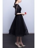 Little Black Tulle Knee Length Homecoming Graduation Dress With Lace Sleeves