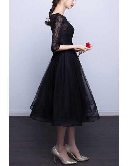 Little Black Tulle Knee Length Homecoming Graduation Dress With Lace Sleeves