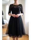 Little Black Tulle Knee Length Homecoming Graduation Dress With Lace Sleeves