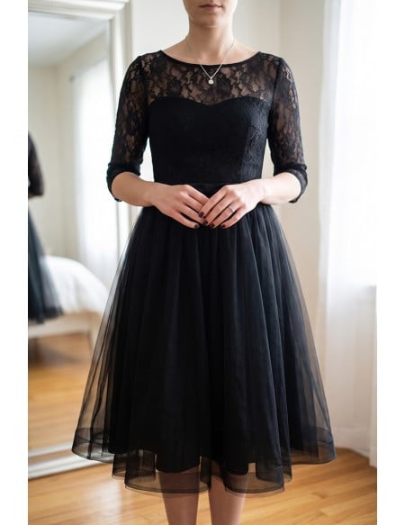 Little Black Tulle Knee Length Homecoming Graduation Dress With Lace Sleeves