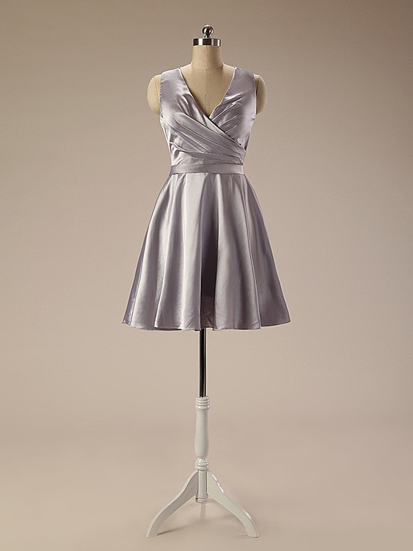 A-Line/Elegant Ruffles Satin Sleeveless V-neck Prom Dresses