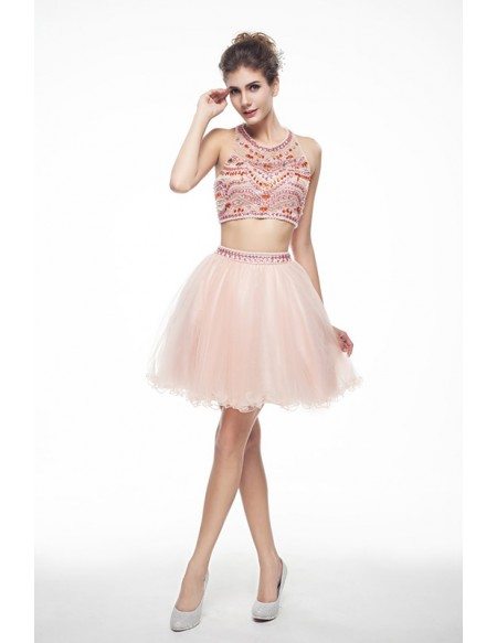 Two-Pieces Halter Short Tulle Prom Dress With Beading