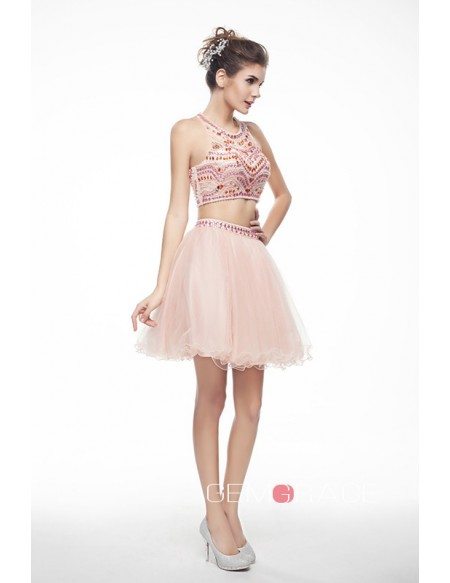 Two-Pieces Halter Short Tulle Prom Dress With Beading