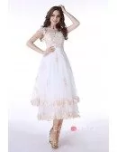 A-Line Scoop Neck Tea-LengthTulle Prom Dress With Appliquer Lace