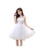 A-Line Scoop Neck Short Tulle Prom Dress With Pearl Appliquer Lace