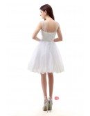 A-Line Scoop Neck Short Tulle Prom Dress With Pearl Appliquer Lace