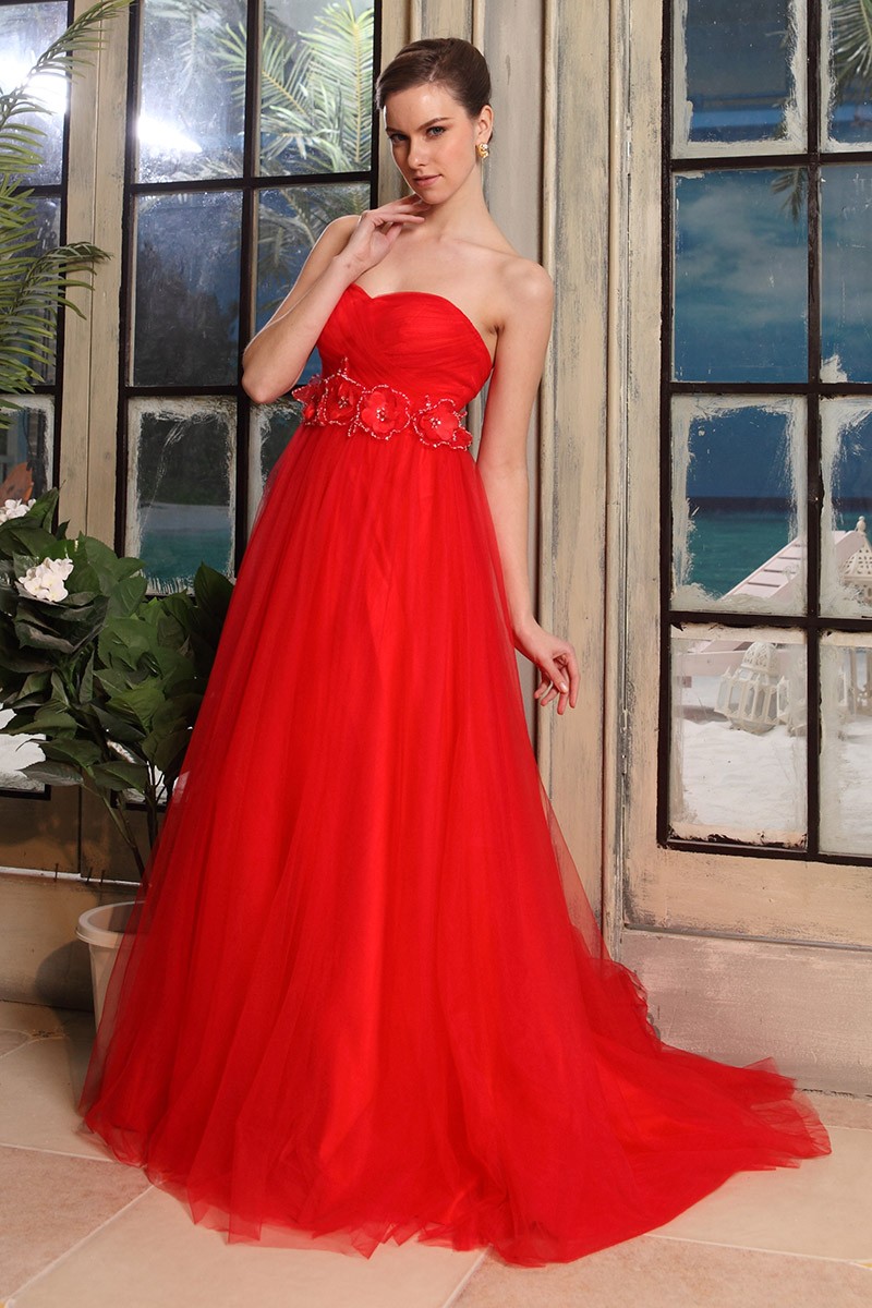 Red Ball-gown Sweetheart Sweep Train Tulle Wedding Dress With Flowers # ...
