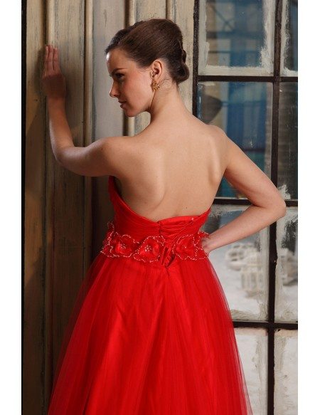 Red Ball-gown Sweetheart Sweep Train Tulle Wedding Dress With Flowers