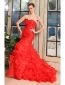 Red Mermaid Sweetheart Sweep Train Tulle Wedding Dress With Beading Cascading Ruffle