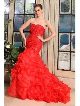 Red Mermaid Sweetheart Sweep Train Tulle Wedding Dress With Beading Cascading Ruffle