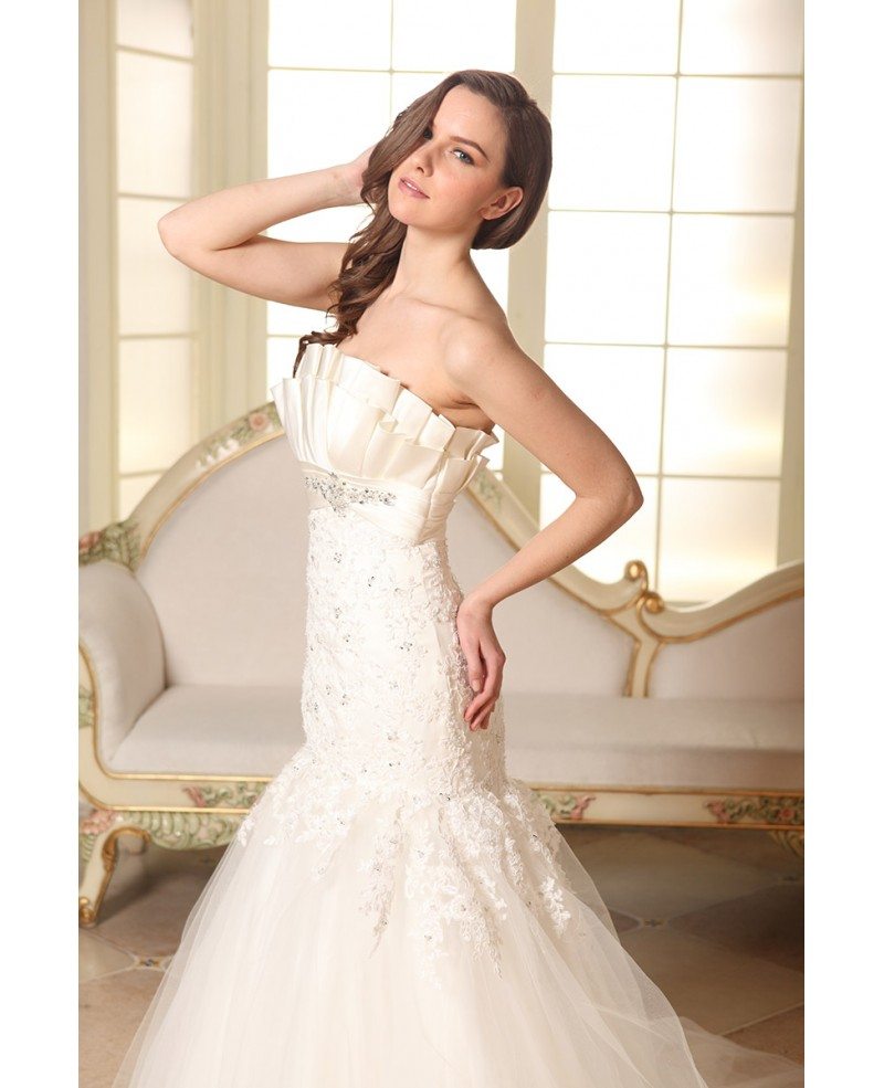Mermaid Strapless Sweep Train Tulle Wedding Dress With Beading Appliques Lace Op80008 242