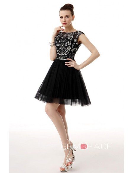 A-Line Scoop Neck Short Tulle Prom Dress With Beading