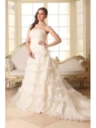 Ball-gown Strapless Court Train Tulle Wedding Dress With Flowers