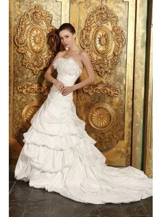 Ball-gown Strapless Court Train Satin Wedding Dress With Ruffle Flowers