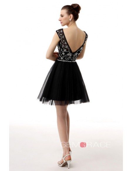 A-Line Scoop Neck Short Tulle Prom Dress With Beading