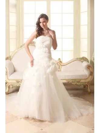 Ball-gown Strapless Court Train Tulle Wedding Dress With Flowers