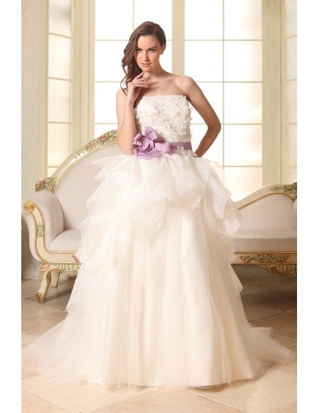 Ball-gown Strapless Court Train Tulle Wedding Dress With Flowers Beading