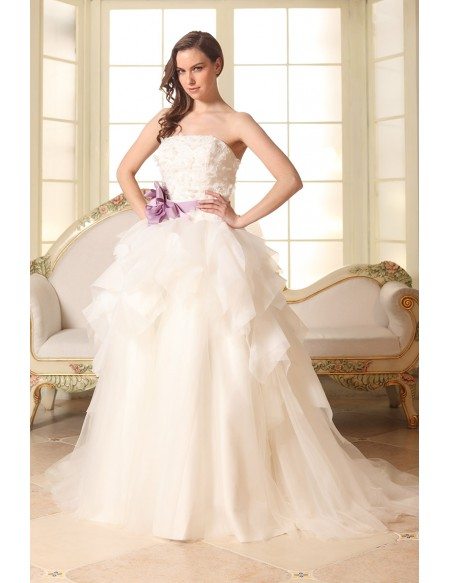 Ball-gown Strapless Court Train Tulle Wedding Dress With Flowers Beading