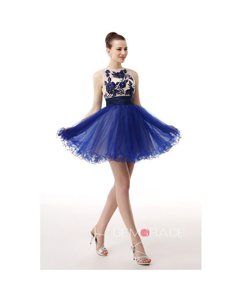 A-Line Scoop Neck Short Tulle Prom Dress With Appliques Lace #YH0043 ...