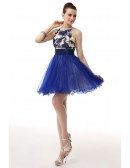 A-Line Scoop Neck Short Tulle Prom Dress With Appliquer Lace