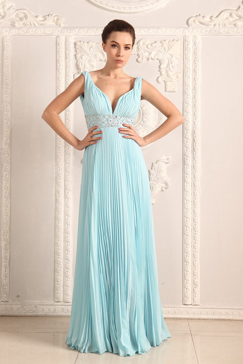 A Line V Neck Chiffon Floor Length Prom Dresses With Beading Op85003