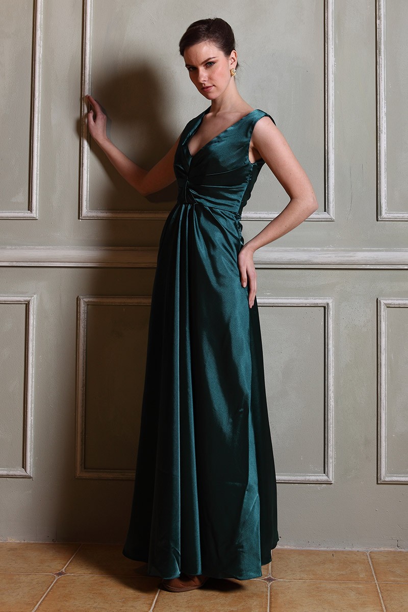 A-line V-neck Satin Floor-length Evening Dresses With Ruffle #OP85005 ...