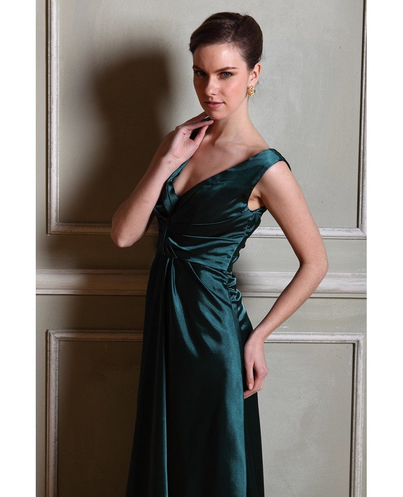A-line V-neck Satin Floor-length Evening Dresses With Ruffle #OP85005 ...