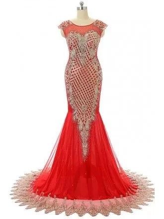 Red Mermaid Scoop Sweep-train Prom Dress with Beading