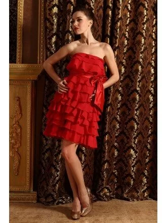 A-line Strapless Chiffon Short Bridesmaid Dresses With Cascading Ruffle