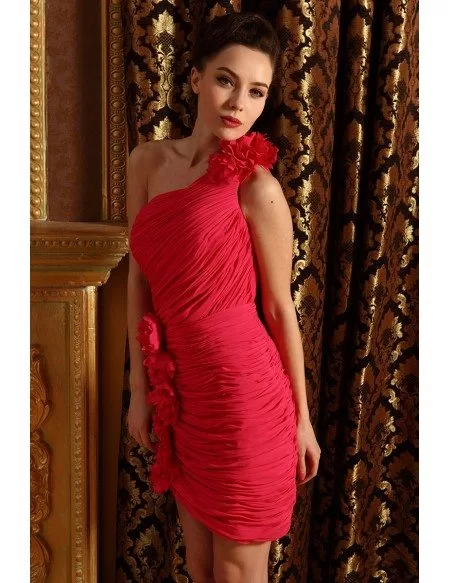 Sheath One-shoulder Chiffon Short Prom Dresses With Flower